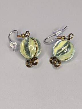 Vintage Style Glass Marble Orb Wire Wrapped Dangle Earrings Handmade Retro